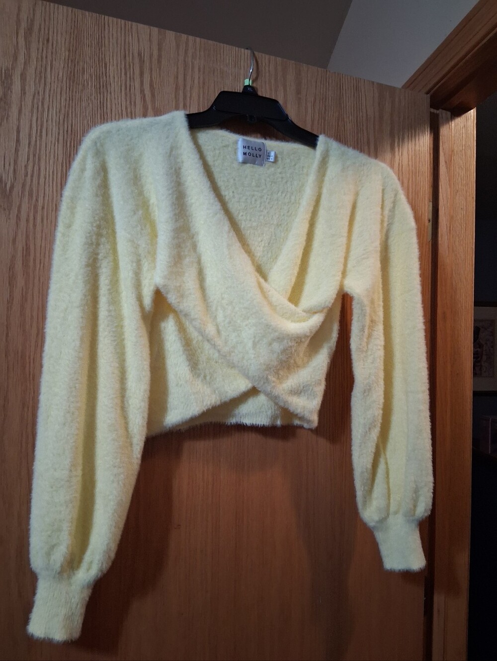 Hello Molly Pale Yellow Cropped Fuzzy Wrap V-Neck Sweater, Long Sleeve, Small